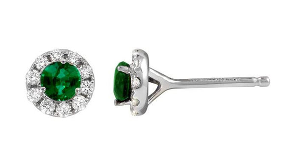 14k White Gold Diamond Halo Emerald Earrings 210-624